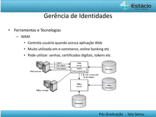 Gerência de Identidades Ferramentas e Tecnologias WAM Controla usuário quando acessa aplicação Web Muito utilizada em e-commerce, online banking etc Pode utilizar: senhas, certificados digitais, tokens etc 