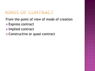 From the point of view of mode of creation
 Express contract
 Implied contract
 Constructive or quasi contract
 