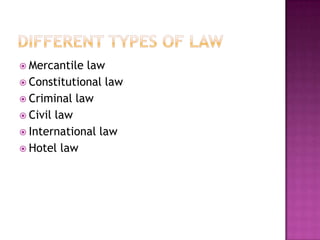  Mercantile law
 Constitutional law
 Criminal law
 Civil law
 International law
 Hotel law
 