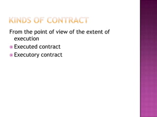 From the point of view of the extent of
  execution
 Executed contract
 Executory contract
 