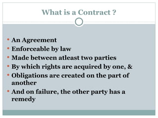 What is a Contract ? An Agreement  Enforceable by law Made between atleast two parties By which rights are acquired by one, & Obligations are created on the part of another And on failure, the other party has a remedy 