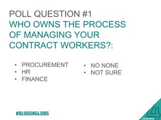 CASE FOR CONTRACT:
INDEPENDENT
#BLOGGING4JOBS
•  Autonomy!
•  Flexibility!
•  Entrepreneurial upside !
 