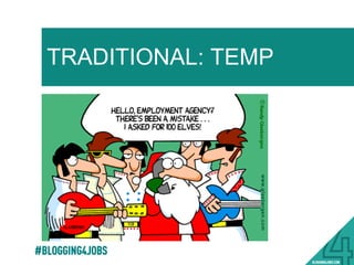 POLL QUESTION #2
HOW DO I ENGAGE WITH
CONTINGENT WORKERS?:
•  STAFFING AGENCIES
•  DIRECT HIRE
•  REFERRALS
•  INTERNAL
CONTINGENT
WORKFORCE
PROGRAM
•  ONLINE PLATFORM
#BLOGGING4JOBS
 