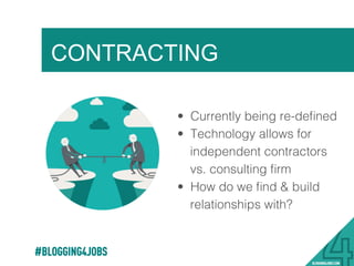 #BLOGGING4JOBS
TRADITIONAL: TEMP
•  Stafﬁng owns recruiting &
sourcing!
•  Often administrative or
project based!
•  Eliminates some risk !
 