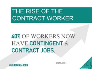 THE RISE OF THE
CONTRACT WORKER
#BLOGGING4JOBS
40% OF WORKERS NOW
HAVE CONTINGENT &
CONTRACT JOBS.
2015 IRS!
 