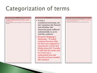 Conditions –                                                 Innominate terms                                     Warranties

• Sets rights and obligations for the parties in a contract, (Pym V campbell – a                                     • Are minor terms not central to the root of contract (Betini v Gye –Plaintiff
  written agreement was drawn up for the sale of patent and evidence was issued of an
  oral stipulation that the agreement should not be operative until a 3rd party had
  approved the invention
                                                                                        • Is not a                     missed several rehearsals and was sacked. Held that missing rehearsals did
                                                                                                                       not go to the root of the contract)


                                                                                          condition/warranty, rat
                                                                                                                     • For breach the innocent party can claim but cannot end the contract
• May be called Condition –should be brought to an end on the happening of a
  given event

                                                                                          her examines the breach
                                                                                          and whether the
                                                                                          innocent party suffered
                                                                                          substantially so as to
                                                                                          end the contract.
                                                                                        • Hong Fir Shipping v
                                                                                          Kawasaki – P ended
                                                                                          contract because ship
                                                                                          for hire was suppose to
                                                                                          operate for 2 years but
                                                                                          broke down for 5 weeks.
                                                                                          P still had 20 weeks and
                                                                                          so it was not a
                                                                                          substantial lost and
                                                                                          should not have needed
                                                                                          the contract
 