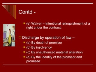Contd - (e) Waiver – Intentional relinquishment of a right under the contract. Discharge by operation of law – (a) By death of promisor (b) By insolvency (c) By unauthorized material alteration (d) By the identity of the promisor and promisee 