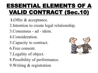 ESSENTIAL ELEMENTS OF A
VALID CONTRACT (Sec.10)
 
