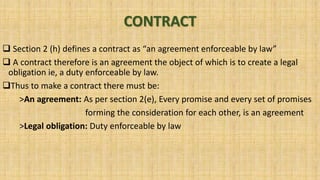 CONTRACT
 Section 2 (h) defines a contract as “an agreement enforceable by law”
 A contract therefore is an agreement the object of which is to create a legal
obligation ie, a duty enforceable by law.
Thus to make a contract there must be:
>An agreement: As per section 2(e), Every promise and every set of promises
forming the consideration for each other, is an agreement
>Legal obligation: Duty enforceable by law
 