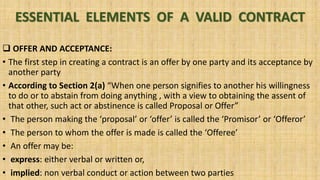 ESSENTIAL ELEMENTS OF A VALID CONTRACT
 OFFER AND ACCEPTANCE:
• The first step in creating a contract is an offer by one party and its acceptance by
another party
• According to Section 2(a) “When one person signifies to another his willingness
to do or to abstain from doing anything , with a view to obtaining the assent of
that other, such act or abstinence is called Proposal or Offer”
• The person making the ‘proposal’ or ‘offer’ is called the ‘Promisor’ or ‘Offeror’
• The person to whom the offer is made is called the ‘Offeree’
• An offer may be:
• express: either verbal or written or,
• implied: non verbal conduct or action between two parties
 