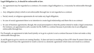 Legal Obligation i.e., it should be enforceable at law.
o An agreement may be regarded as a contract, if it creates a legal obligation i.e., it necessity be enforceable through
law.
o Any obligation (duty) which is not enforceable through law is not regarded as a contract.
o Social, moral, or religious agreements do not make any legal obligation.
o In case of social agreement there is no intention to create legal relationship and there the is no contract
o In case of business agreements, though, the usual presumption is that the parties intend to make a legal connection.
For instance, an agreement to sell a scooter for Rs. 8,000 is a contract because it provides rise to an obligation
enforceable through law.
For Example, an agreement to take lunch jointly or to go to a picnic is not a contract because it does not make a duty
enforceable through law.
A and B agree to go to a movie on coming Sunday. A does not turn in resulting in loss of B’s time B cannot claim any
damages from B since the agreement to watch a movie is a domestic agreement which does not result in a contract.
 