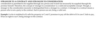 STRANGER TO A CONTRACT AND STRANGER TO CONSIDERATION
consideration is permitted to be supplied through any person and it need not necessarily be supplied through the
promise himself. Therefore, the concept of 'stranger to consideration' is a valid and acceptable concept. Though, a
stranger to the consideration necessity is distinguished from a stranger to a contract. A stranger to a contract means a
person who is not a party to the contract. Such a person can not, bring a valid suit.
Example A who is indebted to B, sells his property to C and C promises to pay off the debt to B. In case C fails to pay,
B has no right to sue C being stranger to the contract.
 