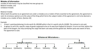 Mistake of Information
mistake of information may be classified into two groups viz
Bilateral mistake, and
Unilateral mistake.
Bilateral mistake
Where both the parties to an agreement are under a mistake as to a matter of facts essential to the agreement, the agreement is
void. An erroneous opinion as to the value of the thing which forms the subject matter of the agreement is not to be deemed a
mistake as to a matter of facts. [Section 20]
Example
i. A buys' a painting believing it to be worth Rs 100,000 while in fact it is worth only Rs 10,000. The contract is not void.
ii. A agrees to sell to B a specific cargo of goods supposed to be on its way from England to Karachi. It turns out that, before the
date of the bargain, the ship conveying the cargo had been cast away and the goods lost. Neither party was aware of facts.
The agreement is void.
 