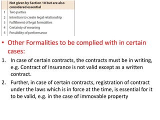 • Other Formalities to be complied with in certain
cases:
1. In case of certain contracts, the contracts must be in writing,
e.g. Contract of Insurance is not valid except as a written
contract.
2. Further, in case of certain contracts, registration of contract
under the laws which is in force at the time, is essential for it
to be valid, e.g. in the case of immovable property
 