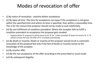 Modes of revocation of offer
• (i) By notice of revocation : anytime before acceptance
• (ii) By lapse of time: The time for acceptance can lapse if the acceptance is not given
within the specified time and where no time is specified, then within a reasonable time.
This is for the reason that proposer should not be made to wait indefinitely.
• (iii) By non fulfillment of condition precedent: Where the acceptor fails to fulfill a
condition precedent to acceptance the proposal gets revoked.
– Suppose where ‘A’ proposes to sell his house to be ‘B’ for ` 5 lakhs provided ‘B’ leases his land to ‘A’. If ‘B’
refuses to lease the land, the offer of ‘A’ is revoked automatically.
• (iv) By death or insanity: Death or insanity of the proposer would result in automatic
revocation of the proposal but only if the fact of death or insanity comes to the
knowledge of the acceptor.
• (v) By counter offer
• (vi) By the non acceptance of the offer according to the prescribed or usual mode
• (vii) By subsequent illegality
 