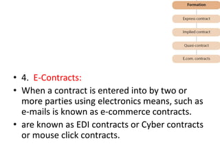• 4. E-Contracts:
• When a contract is entered into by two or
more parties using electronics means, such as
e-mails is known as e-commerce contracts.
• are known as EDI contracts or Cyber contracts
or mouse click contracts.
 