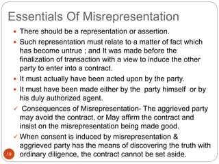 Essentials Of Misrepresentation
19
 There should be a representation or assertion.
 Such representation must relate to a matter of fact which
has become untrue ; and It was made before the
finalization of transaction with a view to induce the other
party to enter into a contract.
 It must actually have been acted upon by the party.
 It must have been made either by the party himself or by
his duly authorized agent.
 Consequences of Misrepresentation- The aggrieved party
may avoid the contract, or May affirm the contract and
insist on the misrepresentation being made good.
 When consent is induced by misrepresentation &
aggrieved party has the means of discovering the truth with
ordinary diligence, the contract cannot be set aside.
 