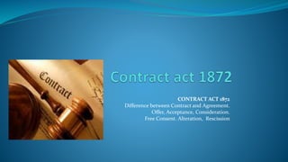 CONTRACT ACT 1872
Difference between Contract and Agreement.
Offer, Acceptance, Consideration.
Free Consent. Alteration, Rescission
 