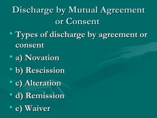 Discharge by Mutual Agreement
          or Consent
• Types of discharge by agreement or
  consent
• a) Novation
• b) Rescission
• c) Alteration
• d) Remission
• e) Waiver
 
