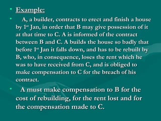• Example:
•      A, a builder, contracts to erect and finish a house
    by 1st Jan, in order that B may give possession of it
    at that time to C. A is informed of the contract
    between B and C. A builds the house so badly that
    before 1st Jan it falls down, and has to be rebuilt by
    B, who, in consequence, loses the rent which he
    was to have received from C, and is obliged to
    make compensation to C for the breach of his
    contract.
•     A must make compensation to B for the
    cost of rebuilding, for the rent lost and for
    the compensation made to C.
 