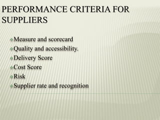 Measure and scorecard
Quality and accessibility.
Delivery Score
Cost Score
Risk
Supplier rate and recognition
 