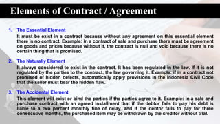 Elements of Contract / Agreement
1. The Essential Element
It must be exist in a contract because without any agreement on this essential element
there is no contract. Example: in a contract of sale and purchase there must be agreement
on goods and prices because without it, the contract is null and void because there is no
certain thing that is promised.
2. The Naturally Element
It always considered to exist in the contract. It has been regulated in the law. If it is not
regulated by the parties to the contract, the law governing it. Example: if in a contract not
promised of hidden defects, automatically apply provisions in the Indonesia Civil Code
that the seller must bear the hidden flaw.
3. The Accidental Element
This element will exist or bind the parties if the parties agree to it. Example: in a sale and
purchase contract with an agreed installment that if the debtor fails to pay his debt is
liable to a two percent monthly fine of delay, and if the debtor fails to pay for three
consecutive months, the purchased item may be withdrawn by the creditor without trial.
 
