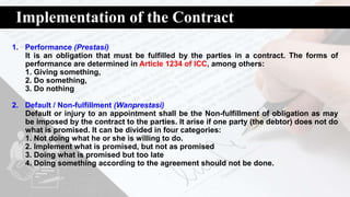 Implementation of the Contract
1. Performance (Prestasi)
It is an obligation that must be fulfilled by the parties in a contract. The forms of
performance are determined in Article 1234 of ICC, among others:
1. Giving something,
2. Do something,
3. Do nothing
2. Default / Non-fulfillment (Wanprestasi)
Default or injury to an appointment shall be the Non-fulfillment of obligation as may
be imposed by the contract to the parties. It arise if one party (the debtor) does not do
what is promised. It can be divided in four categories:
1. Not doing what he or she is willing to do.
2. Implement what is promised, but not as promised
3. Doing what is promised but too late
4. Doing something according to the agreement should not be done.
 