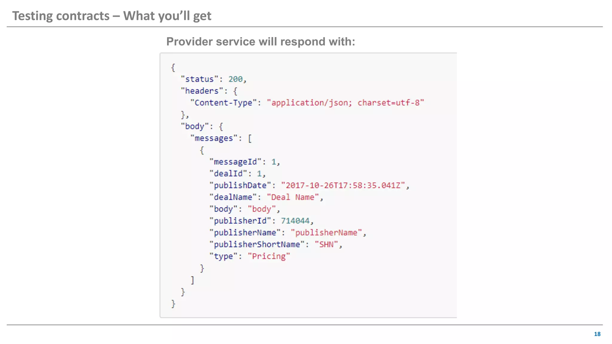 18
Testing contracts – What you’ll get
Provider service will respond with:
 