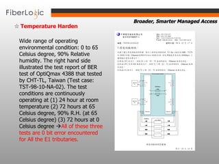 ☆  Temperature Harden   Wide range of operating environmental condition: 0 to 65 Celsius degree, 90% Relative humidity. The right hand side illustrated the test report of BER test of OptiQmax 4388 that tested by CHT-TL, Taiwan (Test case: TST-98-10-NA-02). The test conditions are continuously operating at (1) 24 hour at room temperature (2) 72 hours at 65 Celsius degree, 90% R.H. (at 65 Celsius degree) (3) 72 hours at 0 Celsius degree   All of these three tests are 0 bit error encountered for All the E1 tributaries.   