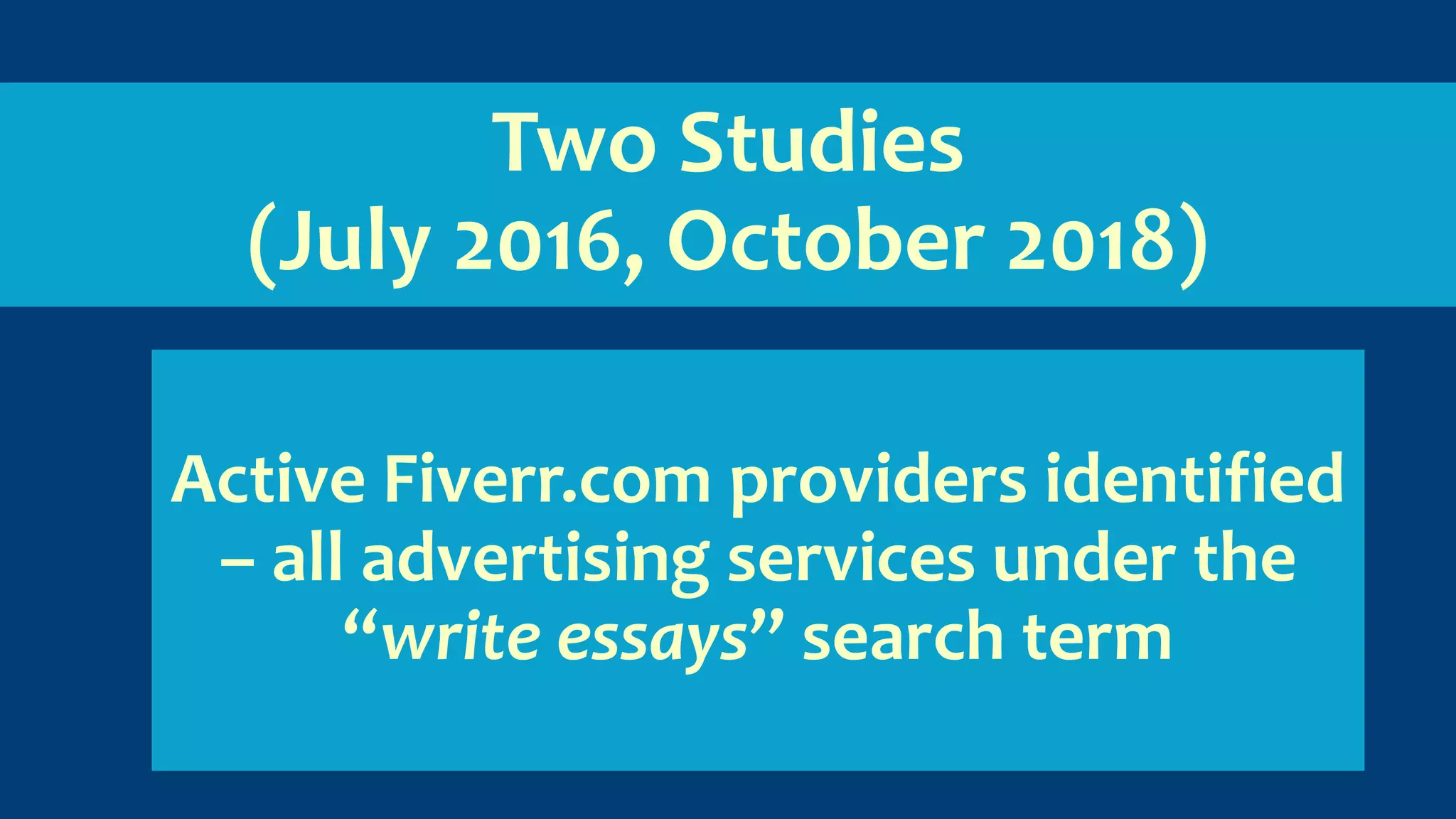 Two Studies
(July 2016, October 2018)
Active Fiverr.com providers identified
– all advertising services under the
“write essays” search term
 