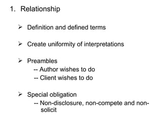 Relationship Definition and defined terms Create uniformity of interpretations Preambles -- Author wishes to do -- Client wishes to do Special obligation -- Non-disclosure, non-compete and non-solicit 