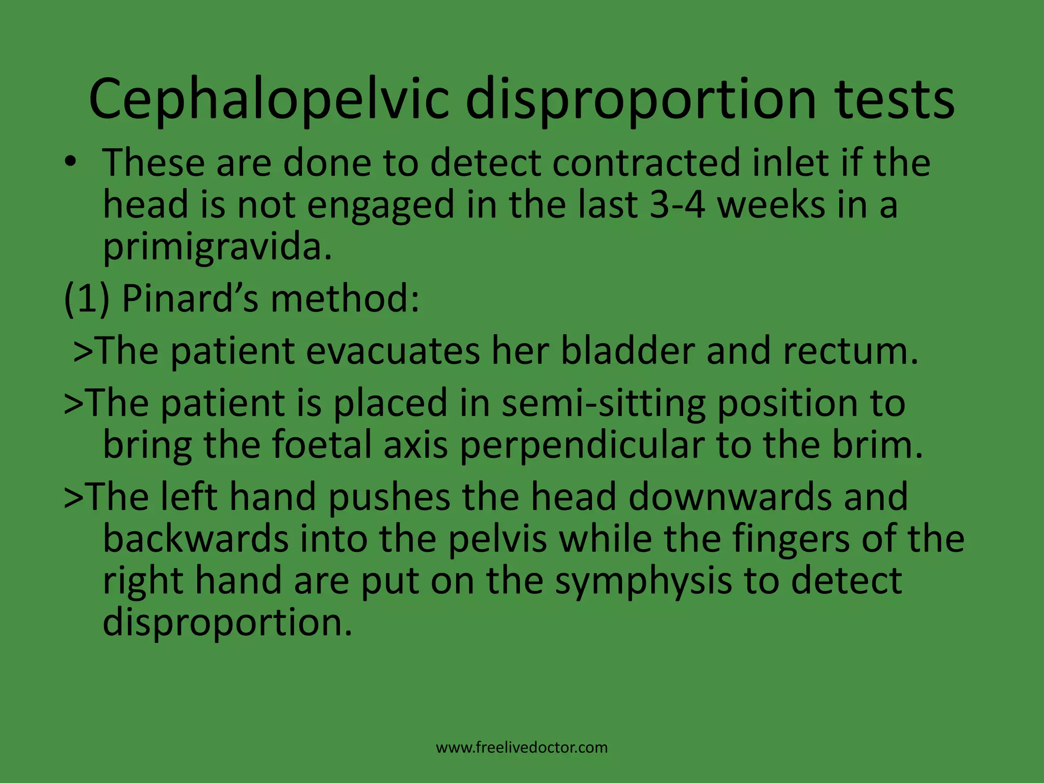 Radiological pelvimetryIt is indicated mainly in borderline pelvic contraction.*Lateral view: The patient stands with the X-ray tube on one side and the film cassette on the opposite side.> It is the most important view as it shows the anteroposterior diameters of the pelvis, angle of inclination of the brim, width of sacrosciatic notch, curvature of the sacrum and cephalo-pelvic relationship.* Inlet view: The patient sits on the film cassette and leans backwards so that the plane of the pelvic brim becomes parallel to the film.* Outlet view: The patient sits on the film cassette and leans forwards.www.freelivedoctor.com
