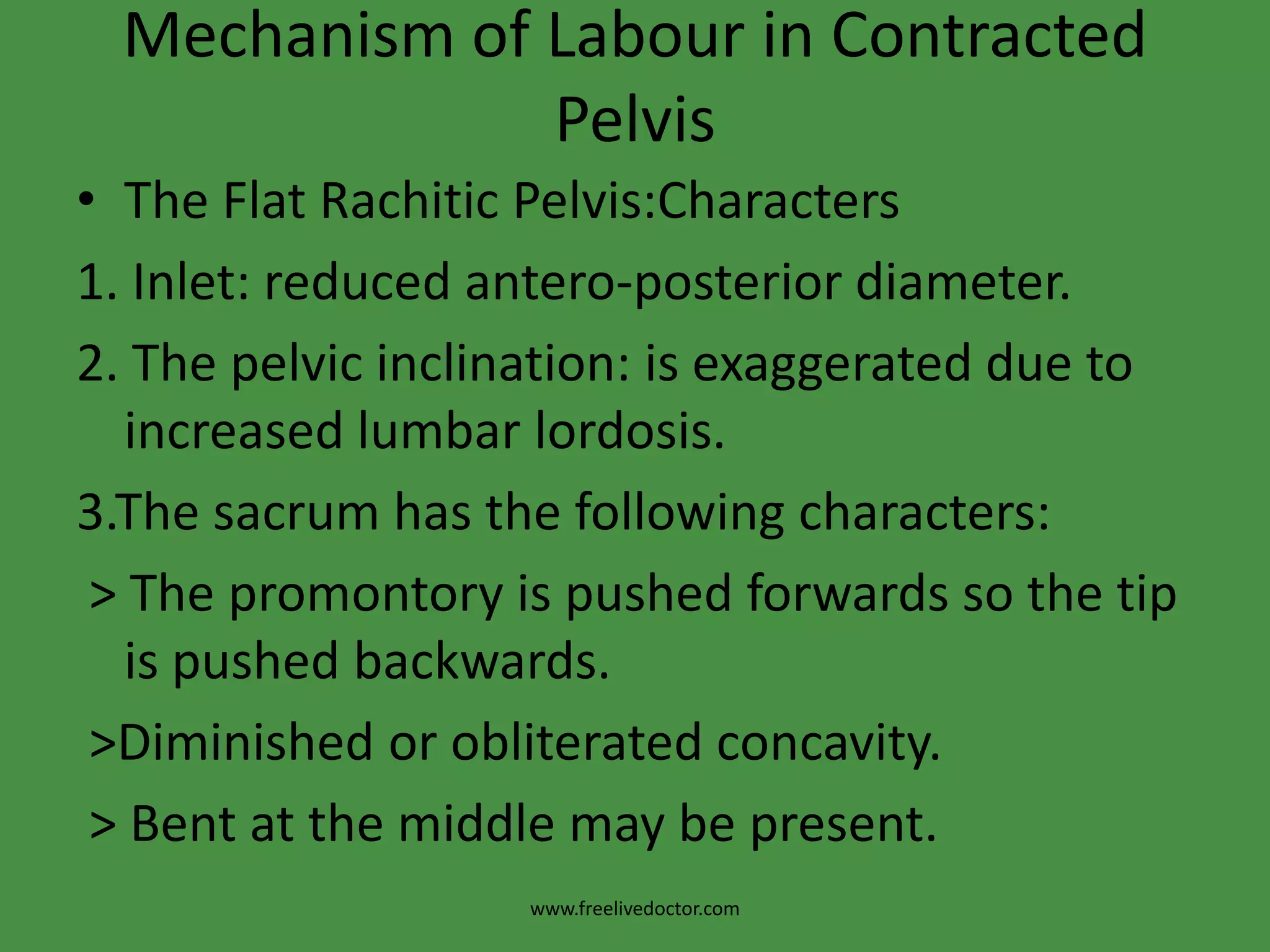 Cephalopelvic disproportion testsThese are done to detect contracted inlet if the head is not engaged in the last 3-4 weeks in a primigravida.(1) Pinard’s method: >The patient evacuates her bladder and rectum.>The patient is placed in semi-sitting position to bring the foetal axis perpendicular to the brim.>The left hand pushes the head downwards and backwards into the pelvis while the fingers of the right hand are put on the symphysis to detect disproportion.www.freelivedoctor.com