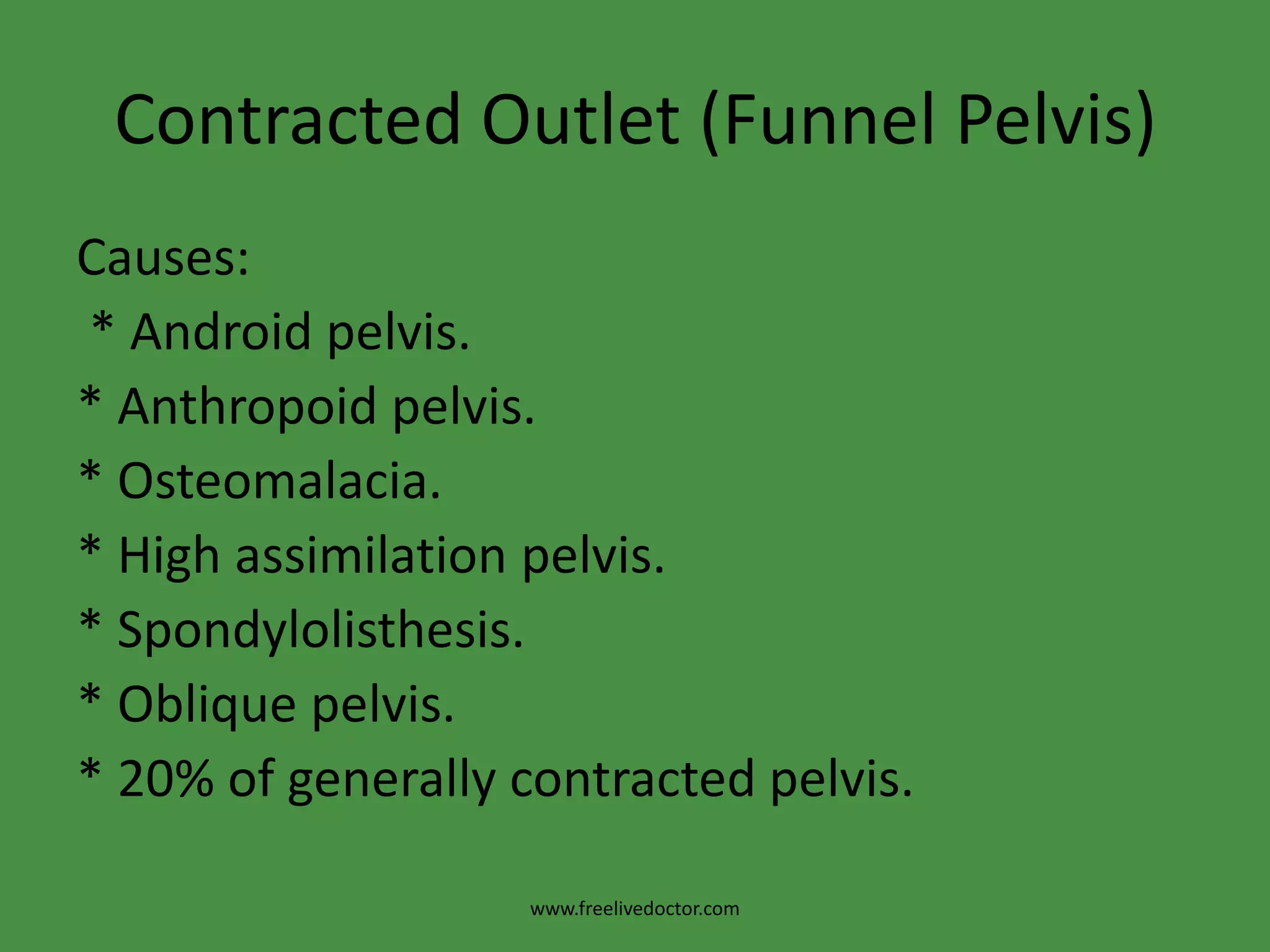 Mechanism of labour:d. Deflexion of the head as the descent of the occiput is resisted by the lateral pelvic wall .e.Correction of the asynclitism and deflexion with further descent of the head.f. Rotation of the occiput 2/8 circle anteriorly and the head is delivered easily due to wide outlet.www.freelivedoctor.com