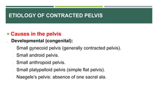 ETIOLOGY OF CONTRACTED PELVIS
 Causes in the pelvis
 Developmental (congenital):
o Small gynecoid pelvis (generally contracted pelvis).
o Small android pelvis.
o Small anthropoid pelvis.
o Small platypelloid pelvis (simple flat pelvis).
o Naegele’s pelvis: absence of one sacral ala.
 