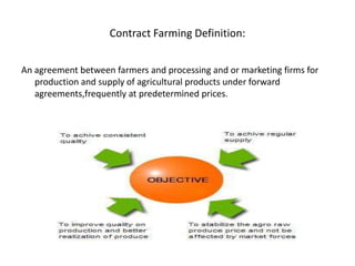 Contract Farming Definition:An agreement between farmers and processing and or marketing firms for production and supply of agricultural products under forward agreements,frequently at predetermined prices.