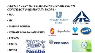 PARTIAL LIST OF COMPANIES ESTABLISHED 
CONTRACT FARMING IN INDIA : 
• HUL 
• ITC 
• SUGUNA POULTRY 
• VENKATESHWARA HATCHERIES 
• PEPSICO 
• RALLIS 
• NESTLE 
 