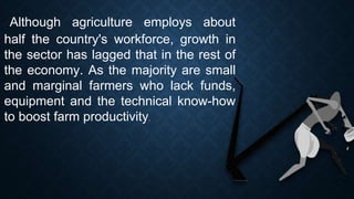 Although agriculture employs about
half the country's workforce, growth in
the sector has lagged that in the rest of
the economy. As the majority are small
and marginal farmers who lack funds,
equipment and the technical know-how
to boost farm productivity.
 