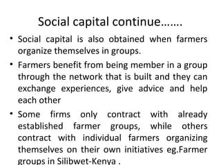Social capital continue…….
• Social capital is also obtained when farmers
organize themselves in groups.
• Farmers benefit from being member in a group
through the network that is built and they can
exchange experiences, give advice and help
each other
• Some firms only contract with already
established farmer groups, while others
contract with individual farmers organizing
themselves on their own initiatives eg.Farmer
groups in Silibwet-Kenya .
 