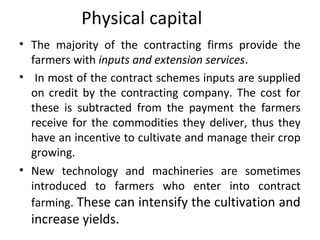 Physical capital
• The majority of the contracting firms provide the
farmers with inputs and extension services.
• In most of the contract schemes inputs are supplied
on credit by the contracting company. The cost for
these is subtracted from the payment the farmers
receive for the commodities they deliver, thus they
have an incentive to cultivate and manage their crop
growing.
• New technology and machineries are sometimes
introduced to farmers who enter into contract
farming. These can intensify the cultivation and
increase yields.
 