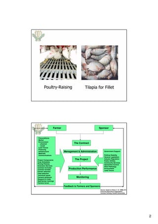 2
Poultry-Raising Tilapia for Fillet
Monitoring
Feedback to Farmers and Sponsors
Farmer Sponsor
The Contract
Management & ...