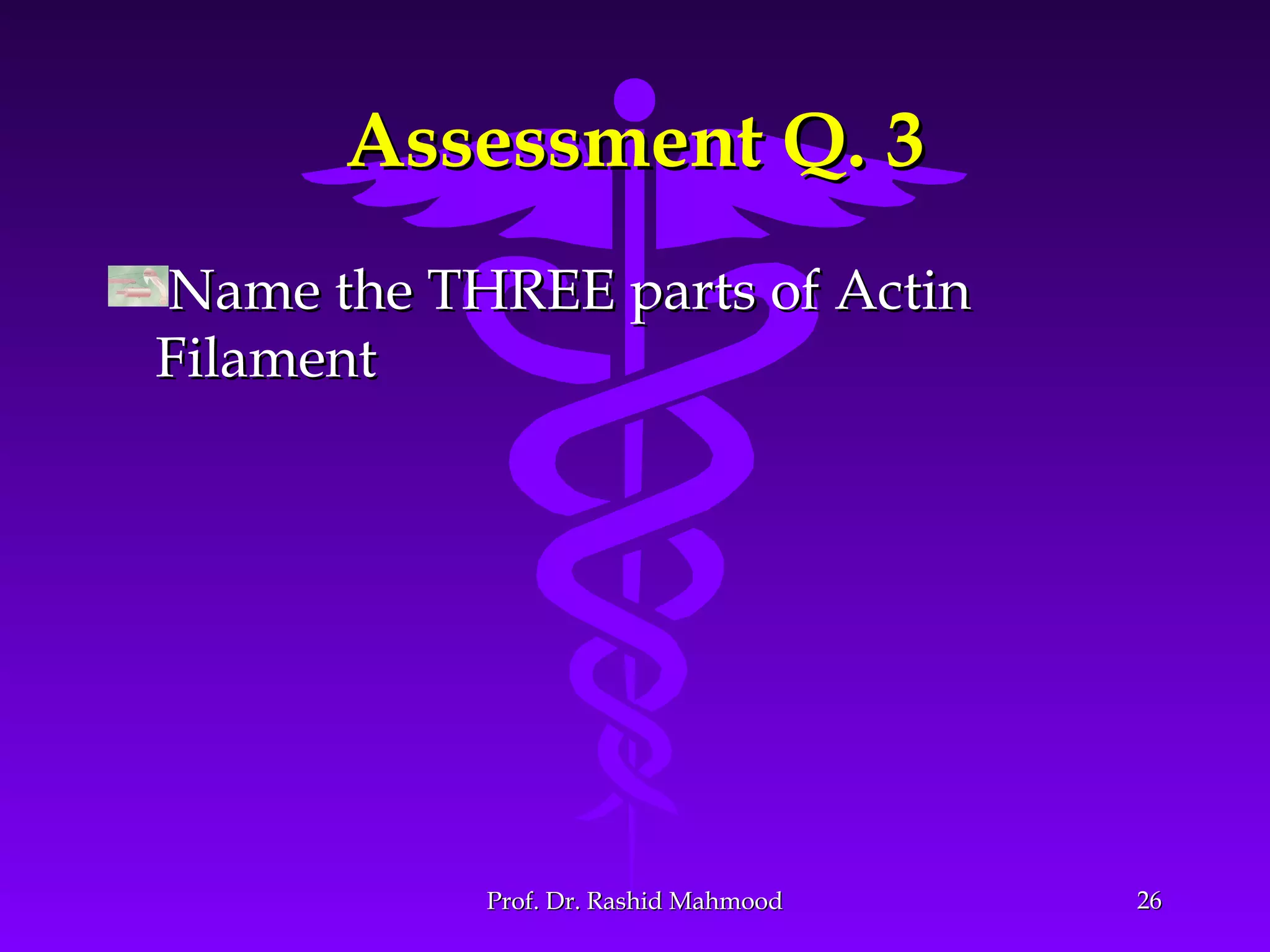 Assessment Q. 3Assessment Q. 3
Name the THREE parts of ActinName the THREE parts of Actin
FilamentFilament
2626Prof. Dr. Rashid MahmoodProf. Dr. Rashid Mahmood
 