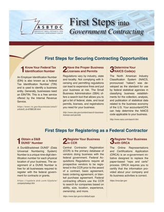 First Steps into
                                               Government Contracting


                         First Steps for Securing Contracting Opportunities

   1   Know Your Federal Tax
       Identification Number            2   Have the Proper Business
                                            Licenses and Permits                      3    Determine Your
                                                                                           NAICS Code(s)
An Employer Identification Number       Regulations vary by industry, state           The North American Industry
(EIN) is also known as a federal        and locality. Not complying with li-          Classification System (NAICS,
Tax Identification Number (TIN)         censing and permitting regulations            pronounced “nakes”) was de-
and is used to identify a business      can lead to expensive fines and put           veloped as the standard for use
entity. Generally, businesses need      your business at risk. The Small              by federal statistical agencies in
an EIN/TIN. This is a free service      Business Administration (SBA) of-             classifying business establish-
offered by the Internal Revenue         fers a search tool that allows you to         ments for the collection, analysis,
Service.                                get a list of federal, state, and local       and publication of statistical data
                                        permits, licenses, and registrations          related to the business economy
https://www.irs.gov/businesses/small/   you need for your business.                   of the U.S. Your accountant/CPA
article/0,,id=97860,00.html
                                                                                      can help determine the NAICS
                                        http://www.sba.gov/content/search-business-
                                        licenses-and-permits                          code applicable to your business.
                                                                                      http://www.naics.com/search.htm




                         First Steps for Registering as a Federal Contractor

1  Obtain a D&B
   DUNS® Number                         2   Register Your Business
                                            in CCR                                    3    Register Your Business
                                                                                           with ORCA
A Dun&Bradstreet DUNS (Data ®           Central Contractor Registration               The Online Representations
Universal Numbering System)             (CCR) is the primary database of              and Certifications Application
Number is a unique nine-digit iden-     vendors doing business with the               (ORCA) is an e-government ini-
tification number for each physical     federal government. Federal Ac-               tiative designed to replace the
location of your business. The as-      quisitions Regulations require all            paper-based “reps and certs”
signment of a DUNS Number is            prospective vendors to be regis-              process. ORCA requires you to
free for all businesses required to     tered in the CCR prior to the award           certify that the information pro-
register with the federal govern-       of a contract, basic agreement,               vided about your company and
ment for contracts or grants.           basic ordering agreement, or blan-            its business activities is correct.
                                        ket purchase agreement. Federal
https://iupdate.dnb.com/iUpdate/        contracting officers use the CCR              https://orca.bpn.gov
companylookup.htm
                                        to search for companies based on
                                        ability, size, location, experience,
                                        ownership, and more.
                                        https://www.bpn.gov/ccr/default.aspx
 