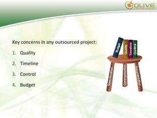 Key concerns in any outsourced project:

1. Quality

2. Timeline

3. Control

4. Budget
 