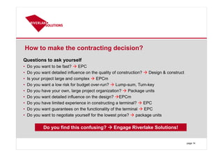 How to make the contracting decision?
Questions to ask yourself
• Do you want to be fast? EPC
• Do you want detailed influence on the quality of construction? Design & construct
• Is your project large and complex EPCm
• Do you want a low risk for budget over-run? Lump-sum, Turn-key
• Do you have your own, large project organization? Package units
• Do you want detailed influence on the design? EPCm
• Do you have limited experience in constructing a terminal? EPC
• Do you want guarantees on the functionality of the terminal EPC
• Do you want to negotiate yourself for the lowest price? package units
page 14
Do you find this confusing? Engage Riverlake Solutions!
 