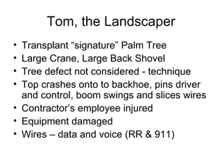 Tom, the Landscaper Transplant “signature” Palm Tree Large Crane, Large Back Shovel Tree defect not considered - technique Top crashes onto to backhoe, pins driver and control, boom swings and slices wires Contractor’s employee injured Equipment damaged Wires – data and voice (RR & 911) 