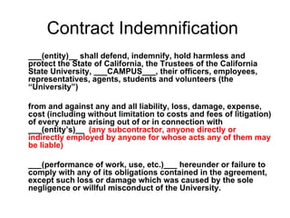 Contract Indemnification  ___(entity)__ shall defend, indemnify, hold harmless and protect the State of California, the Trustees of the California State University, ___CAMPUS___, their officers, employees, representatives, agents, students and volunteers (the “University”) from and against any and all liability, loss, damage, expense, cost (including without limitation to costs and fees of litigation) of every nature arising out of or in connection with ___(entity’s)__  (any subcontractor, anyone directly or indirectly employed by anyone for whose acts any of them may be liable)   ___(performance of work, use, etc.)___ hereunder or failure to comply with any of its obligations contained in the agreement, except such loss or damage which was caused by the sole negligence or willful misconduct of the University. 