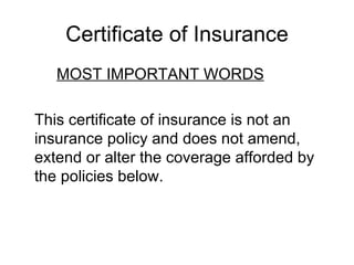 Certificate of Insurance MOST IMPORTANT WORDS This certificate of insurance is not an insurance policy and does not amend, extend or alter the coverage afforded by the policies below. 