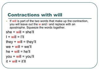 Contractions with will
 If will is part of the two words that make up the contraction,
you will leave out the w and i and replace with an
apostrophe. Squeeze the words together.
she + will = she’ll
I + will = I’ll
they + will = they’ll
we + will = we’ll
he + will = he’ll
you + will = you’ll
it + will = it’ll
 