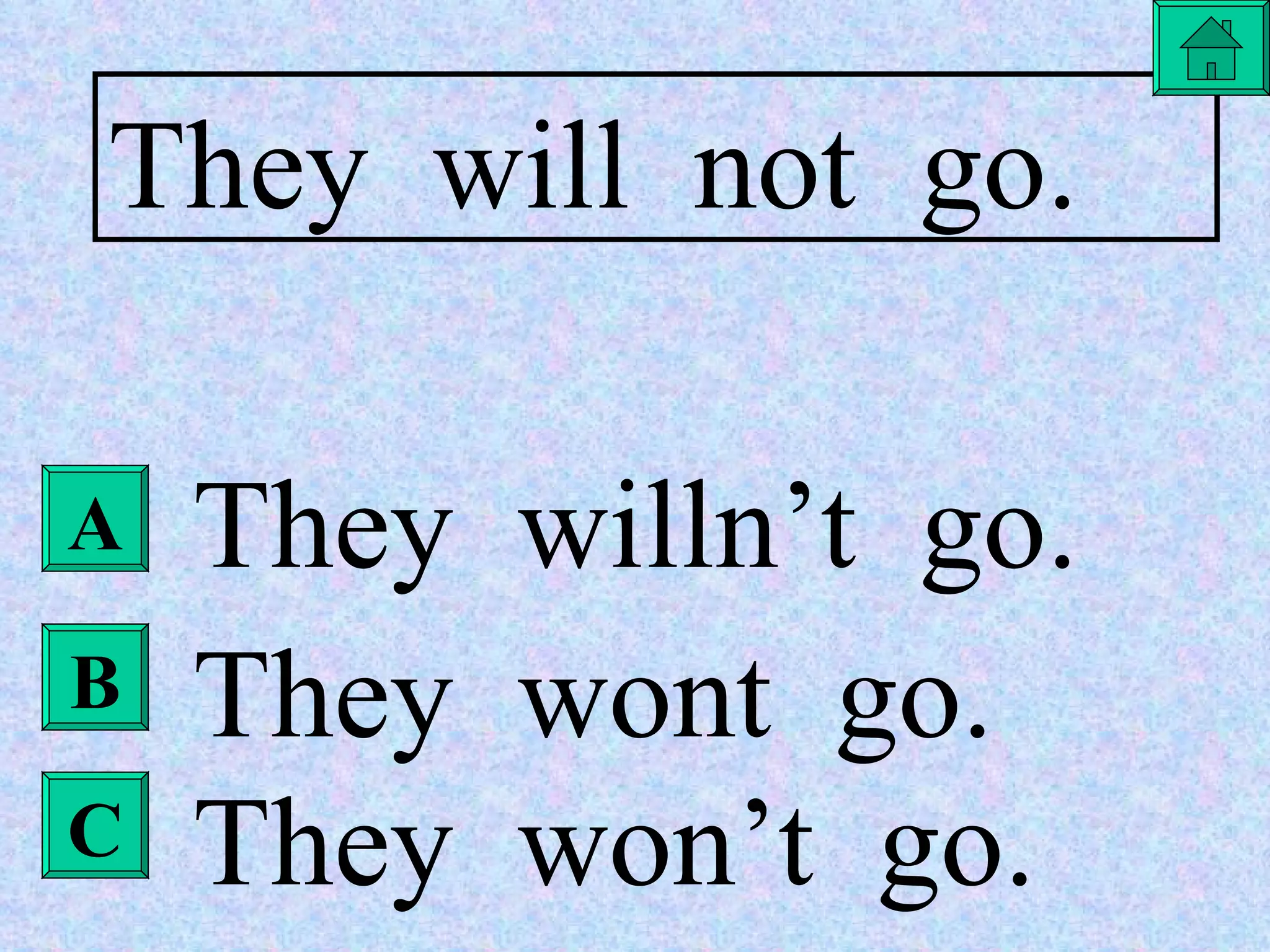 A B C They  will  not  go. They  willn’t  go. They  wont  go. They  won’t  go. 